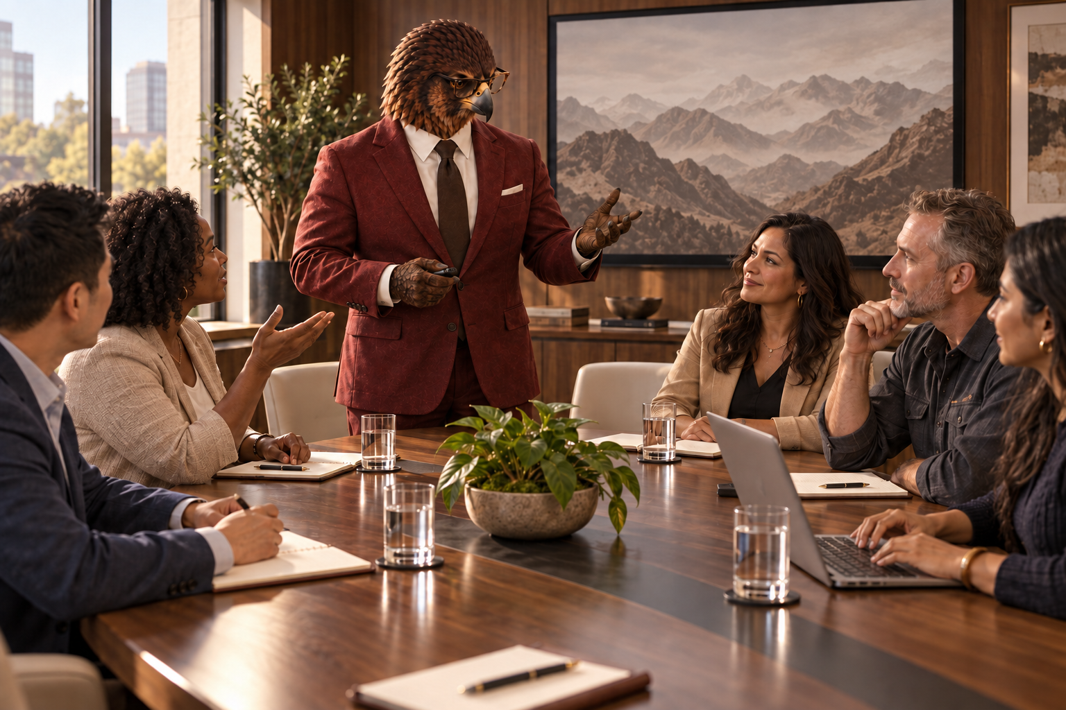 Burnett Consulting’s falcon mascot wearing glasses answering questions during a marketing meeting with a diverse audience.